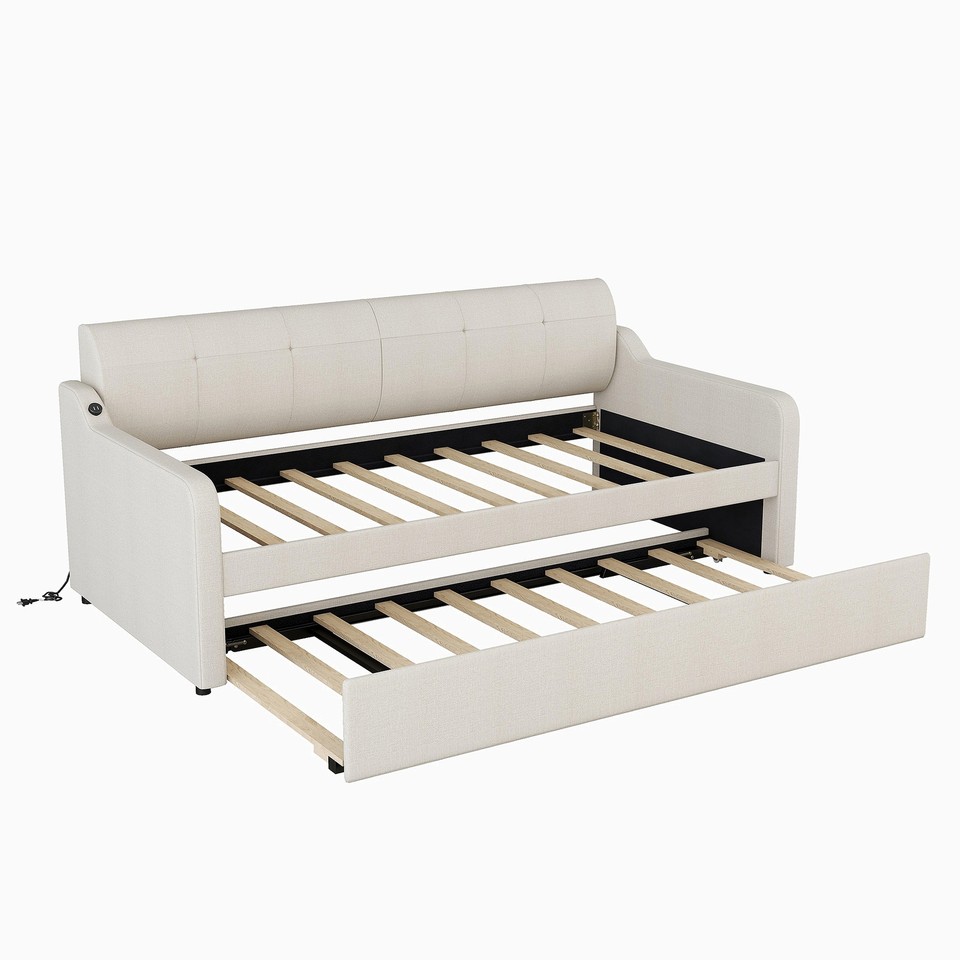 Twin Size Beige Upholstered Daybed with Adjustable Trundle eBay