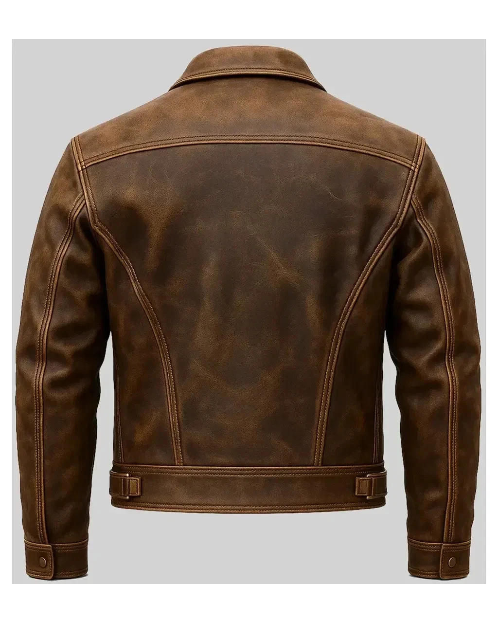 Men's Distressed Brown Leather Trucker Jacket Contrast Stitch Vintage Style Coat - product detail image 2