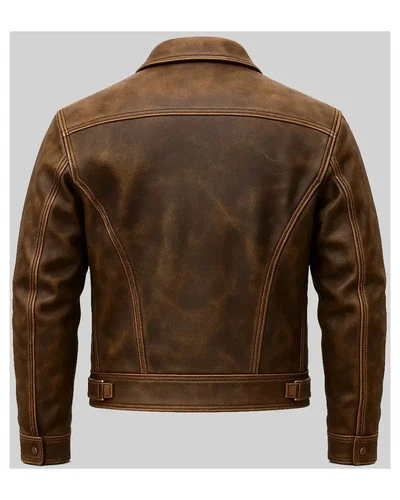 Men's Distressed Brown Leather Trucker Jacket Contrast Stitch Vintage Style Coat image 2