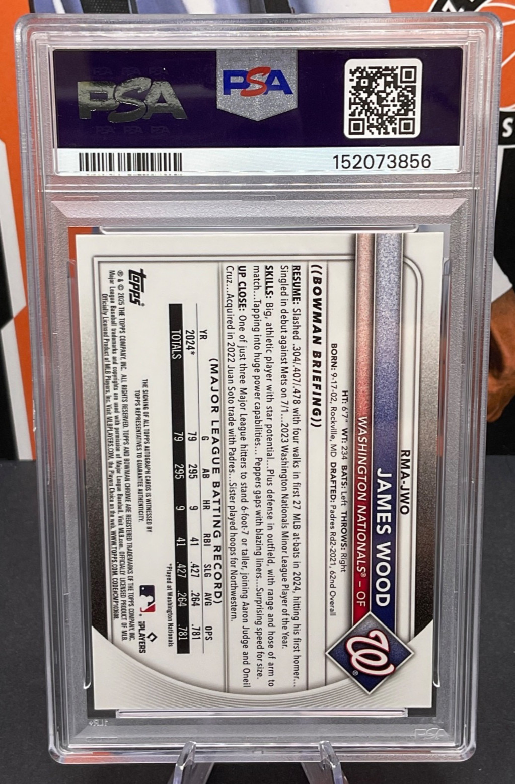 2025 Bowman Mega Box #JWO James Wood Bowman Rookies Mega Auto /99 PSA 10 GEM MT view 2