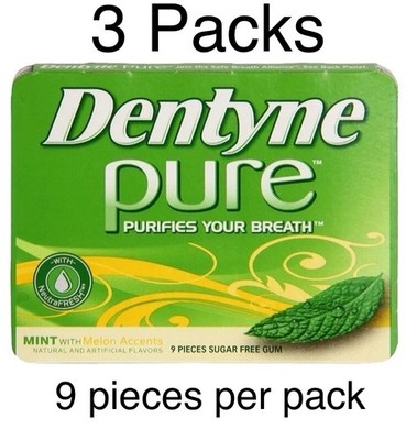Dentyne Pure Mint Melon Accents Sugar Free Gum 3 Packs of 9 Pcs, 27 Total Pcs