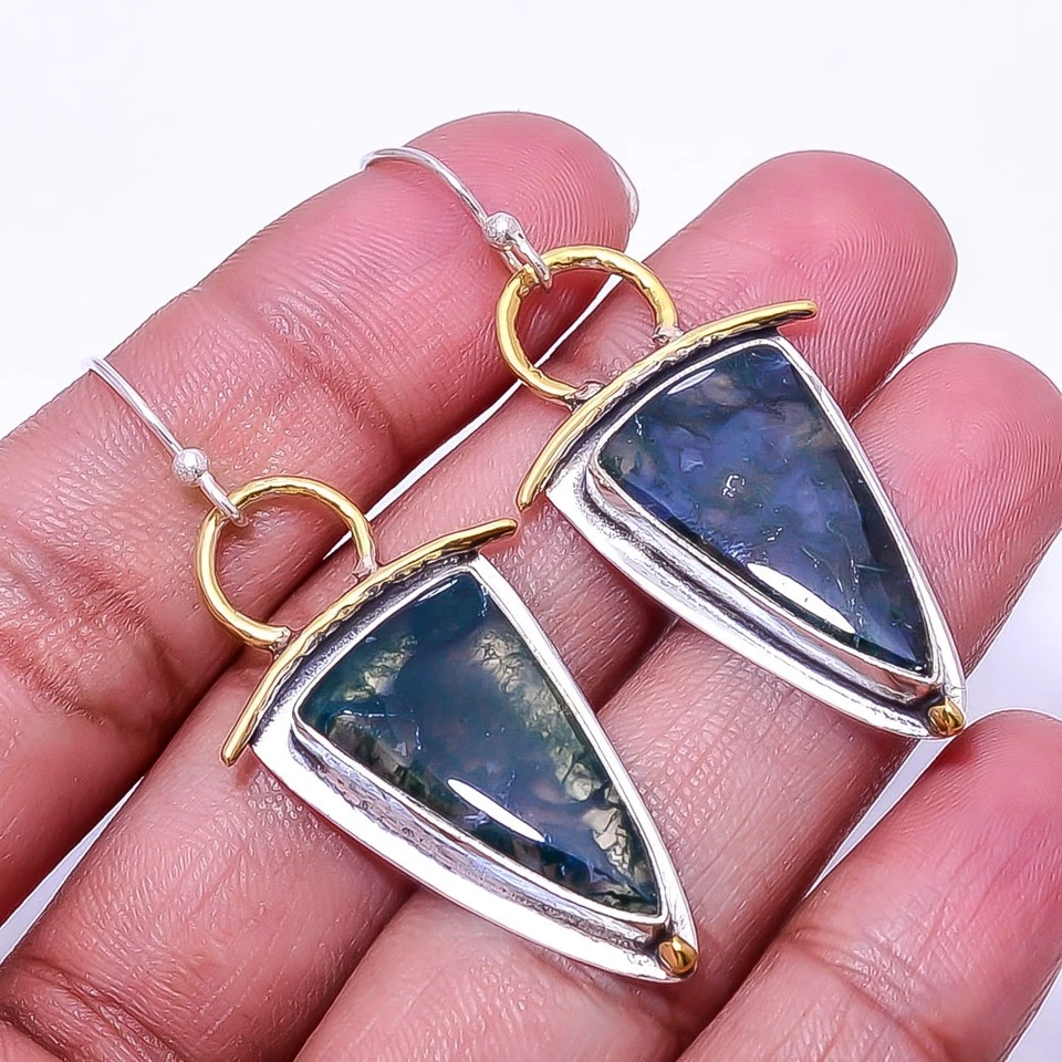 Pendiente de dos tonos de plata de ley 925 de ágata musgo natural 2,03" E41 regalo de Navidad Foto 4 de 4