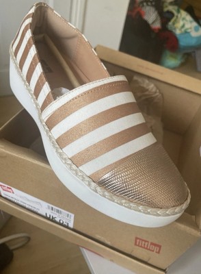 FITFLOP Dahlia Metallic White Rose Gold Stripe Wedge Espadrilles