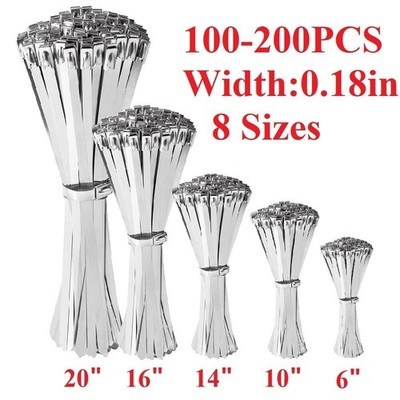 100-200Pcs Metal Stainless Steel Cable Zip Ties Heavy Duty Self-Locking 6''-20''