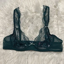 Adore Me 34B Bra Green Lace Demi Underwire Back Closure Sheer Floral Back Close