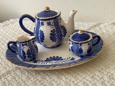 6Pc Miniature China Tea Set Blue White GOLD Rims Made in Thailand