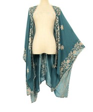 Teal Blue Embroidered Cardigan Kimono Duster Shawl For Evening, Travel, Events