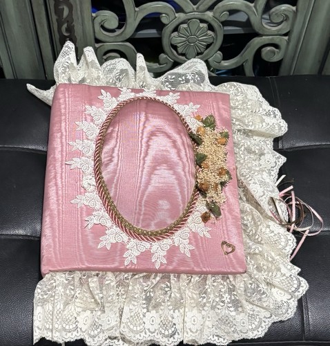 Pink White Lace Fabric Antique Style Wedding Ring Binder Photo Album 8x10in