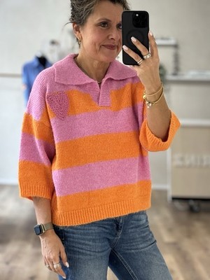 Flauschiger Strickpulli Pullover Rosa-Orange3/4 Ärmel Blockstreifen Onesize (D5)