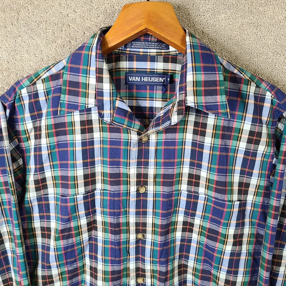 Vintage Van Heusen Shirt Mens Medium Blue Green Red Plaid Button Down Poly Blend - Image 2 of 4
