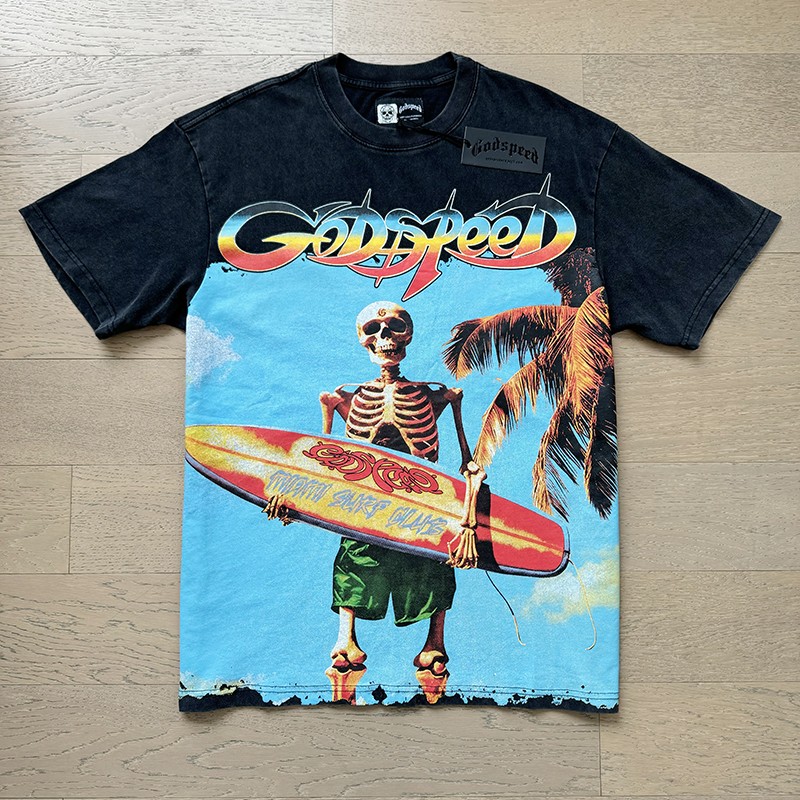 Mens Godspeed Beach Surfboard Skeleton print pattern Tee Washed T