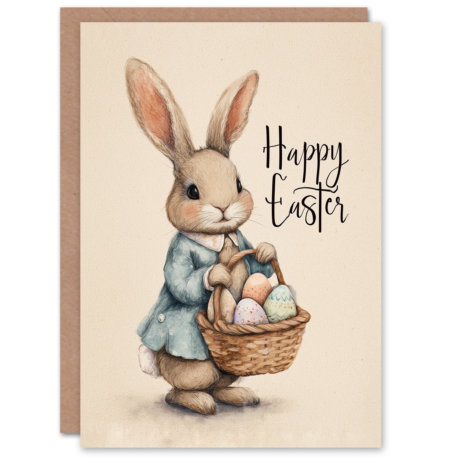 Happy Easter Greeting Card – Adorable Bunny with Egg Basket, Blank Inside