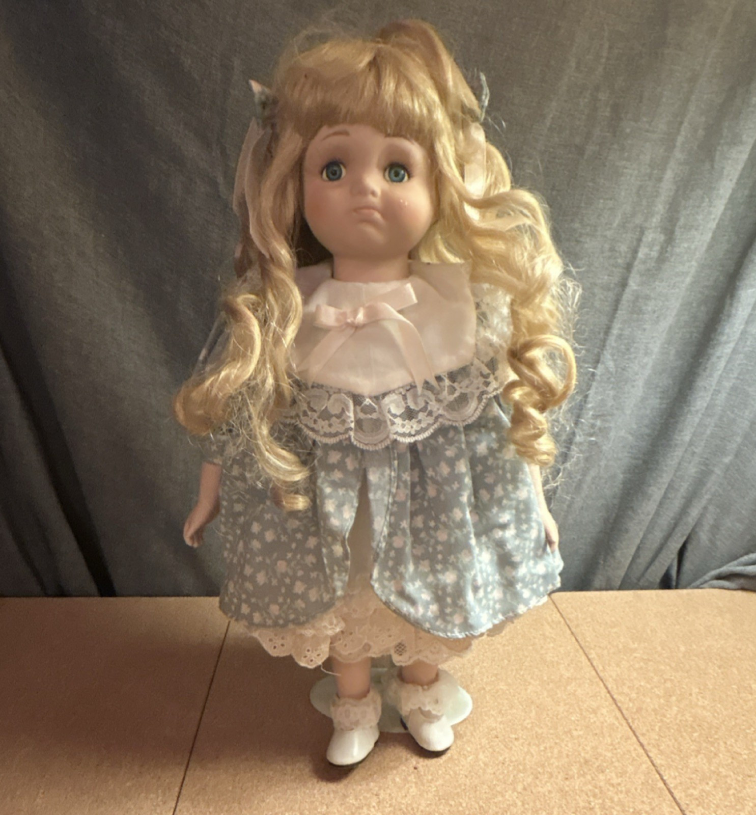 VTG Porcelain Doll Blonde Curly Hair Blue Dress 15