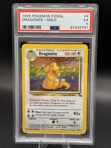 Pokémon Dragonite Holo Rare Fossil Unlimited EX PSA 5 4/62 1999 English