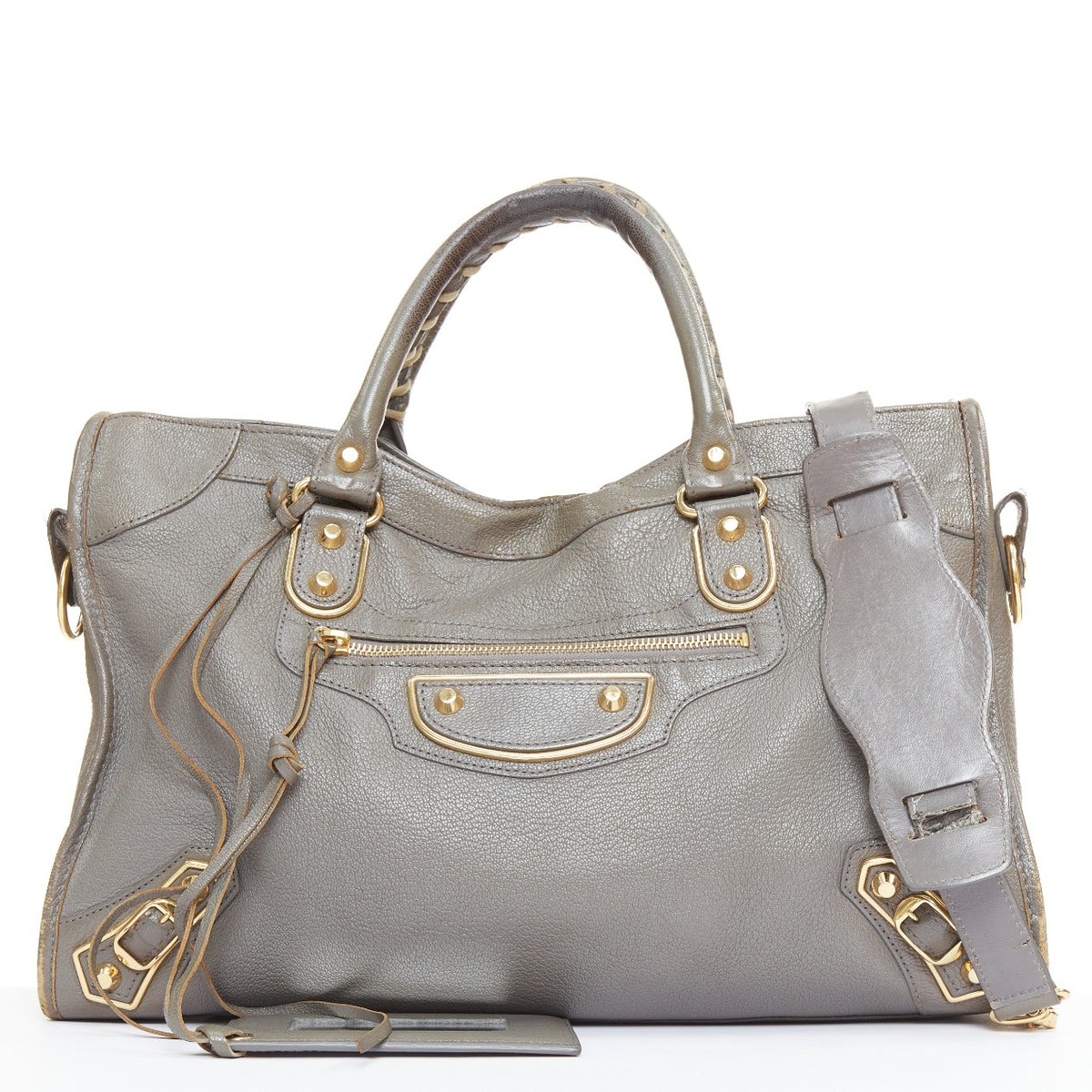 BALENCIAGA Classic Metallic Edge City grey leather gold trim