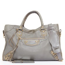 Borsa moto BALENCIAGA Classic Metallic Edge City pelle grigia finiture oro