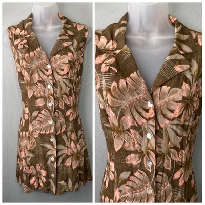 Vintage 80s Tunic Top Size 10 Button Up Sleeveless Brown Tropical Floral Rayon