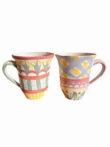 Vtg 1999 MacKenzie- Childs Pottery Mug Set Hand Painted Whimsical Folk Art Pair