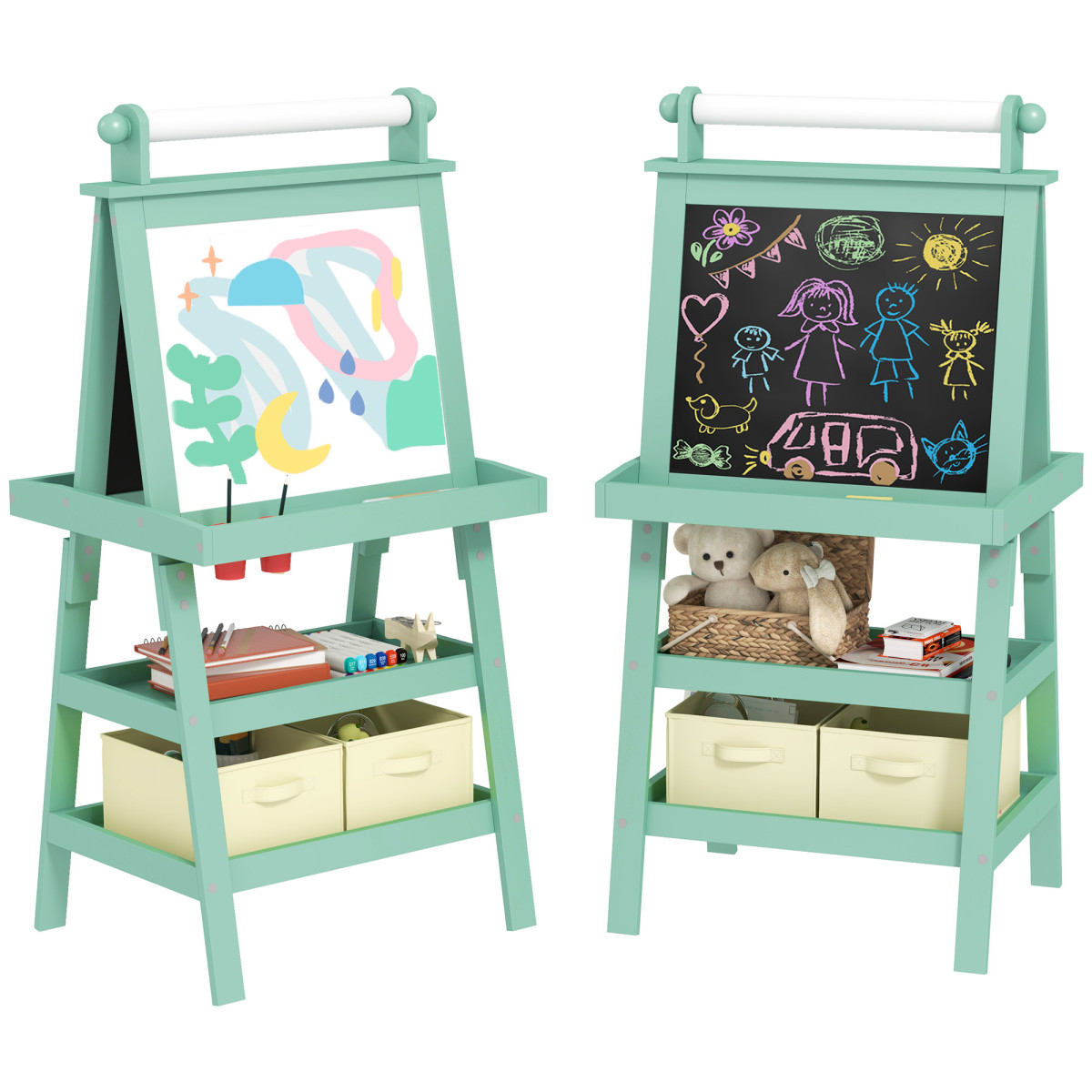 AIYAPLAY Double-Sided Art Easel For Kids W/ Paper Roll - Storage Baskets Pink - Green  | TJ Hughes - Image 2