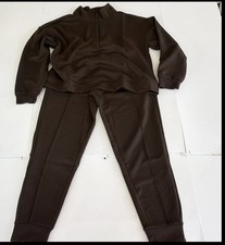 Women's Brown 2-Piece Half-Zip Mock Neck Sweatshirt Jogger Pants Set Pockets MED