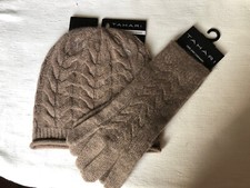 NWT Tahari Brown 100 Cashmere Horseshoe Beanie hat gloves set one size
