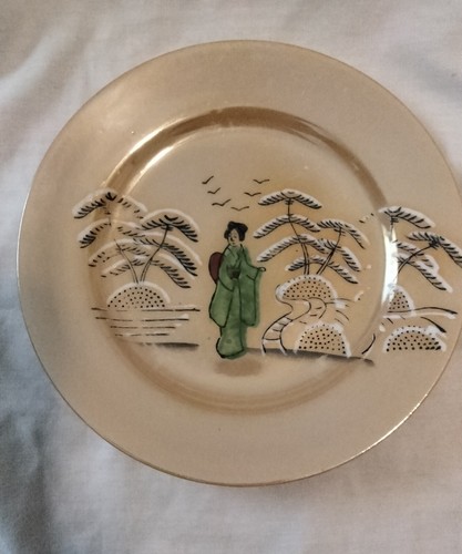 Two  6.5 Inch Oriental Chinese Sandwhich Plate Geisha Copper Glaze  - Picture 3 of 7