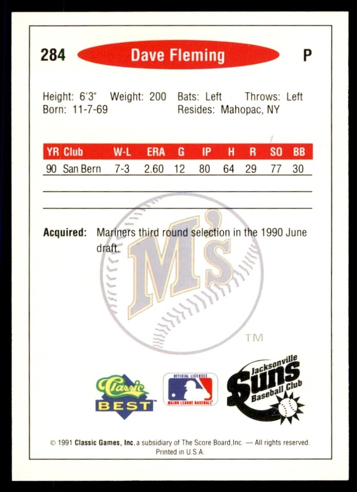 1991 Classic Best Minor League Dave Fleming Baseball Cards #284 - Image 2 of 2