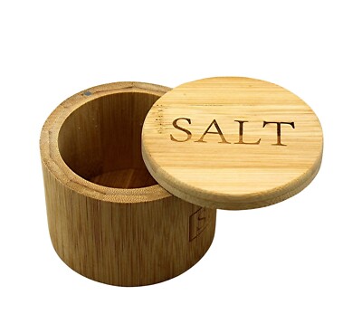 Natural Bamboo Salt Cellar Box Swivel Locking Magnetic Lid Kitchen Organize 11oz