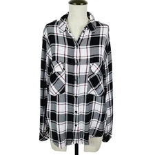 Sanctuary Boyfriend Shirt S Black White Burgundy Plaid Soft Button-Front Casual