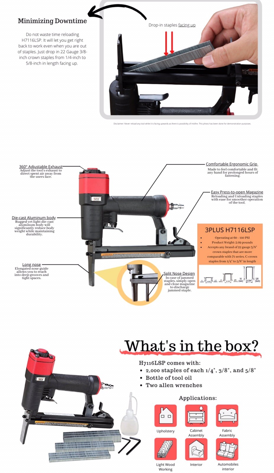 Big Sale! 3PLUS H7116LSP-KT 22 Gauge 3/8-Inch Crown Pneumatic Upholstery Stapler