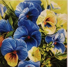 Cross stitch painted AIDA canvas tapestry PA1247 Blue Pansies 16"x16" 