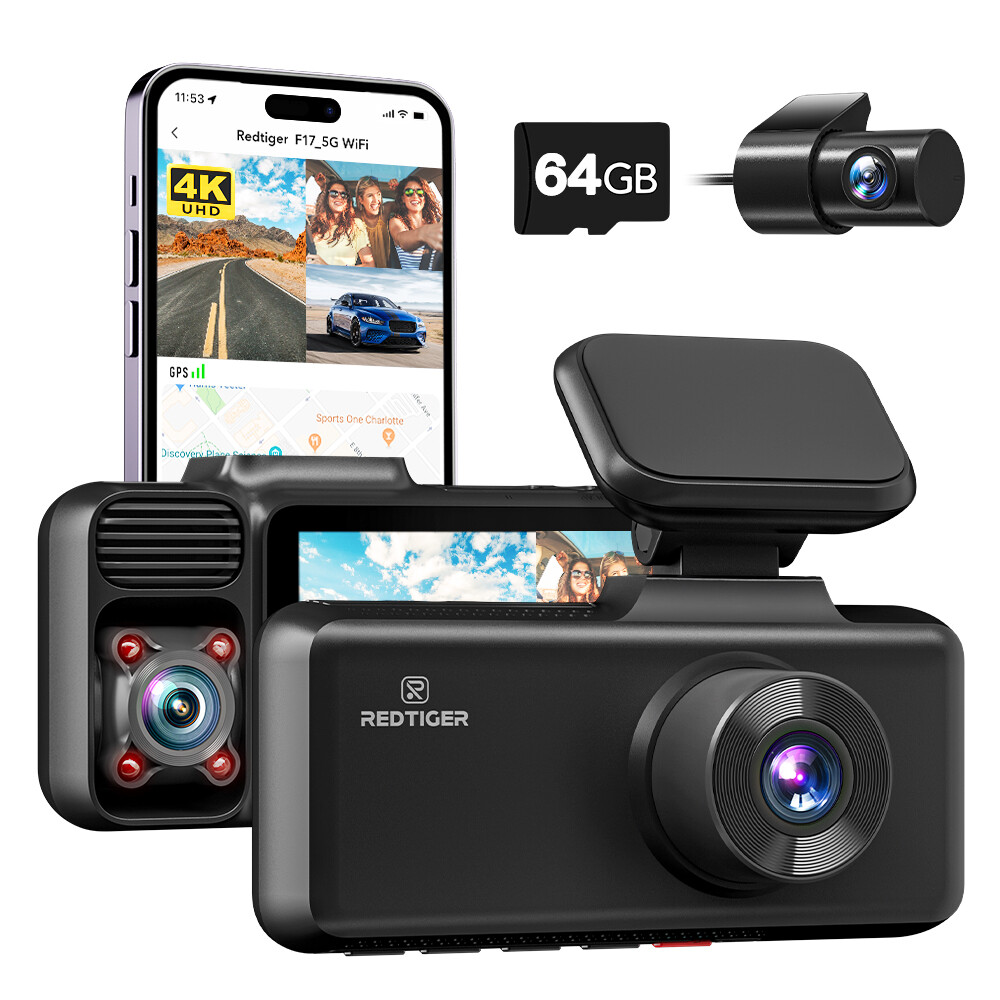 REDTIGER F17 4K Dashcam 3 Canales 5G WiFi Delantero Trasero Interior con 64 GB Tarjeta SD