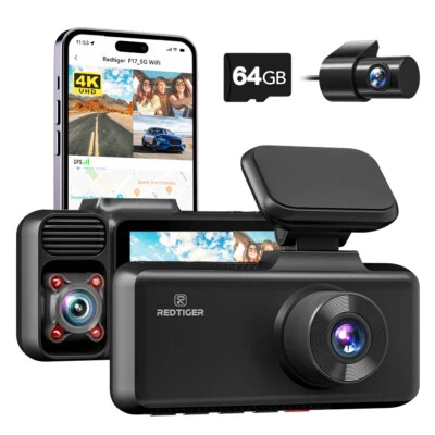 REDTIGER F17 4K Dashcam 3 Kanal 5G WiFi vorne hinten innen mit 64 GB SD-Karte