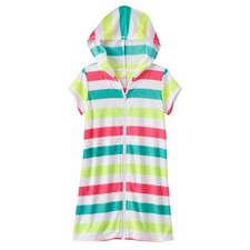 NWT Girls 4-5 White Teal Pink Stripe Terry Hooded Zip Front Swim Cover Coverup
