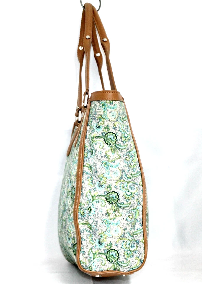 TALBOTS Chic Blue Green Floral Print Canvas Tote Shopper Tan Faux Leather Trim — 第 4/4 张图片