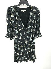 Ann Taylor Loft Dress Womens 6 Black Floral Mock Wrap Ruffle Trim Short Sleeve