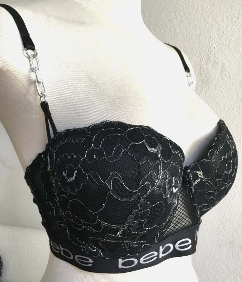 BEBE  Intimate Push up Brass Silver Metallic Lace  Bra Logo Chains  Blk 36B - Image 2 of 4