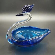 Vintage Hand Blown Cobalt Blue Clear Art Glass Long Neck Swan Cigar Ashtray EC