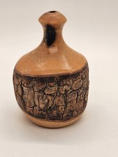 Handturned Rustic Wood Vase Natural w/Bark Signed 3.5" Tall MCM
