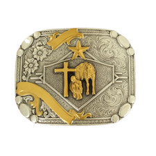 Nocona Mens Silver  Gold Praying Cowboy Ribbon Belt Buckle 37402