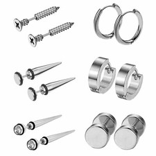 6 Pairs Stainless Steel Silver Punk Spike Screw Ear Stud Huggie Hoop Earrings