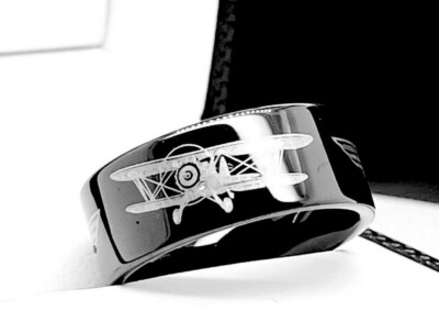 Wedding Bands, Airplane Pattern Engraved Black Tungsten Ring, Mens