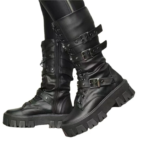Stivali punk donna tacco a spillo metà polpaccio stivali gotici scarpe stringate zip plateau taglia - Foto 1 di 40