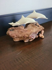 Vintage John Perry White Dolphin family Sculpture On Wood Base