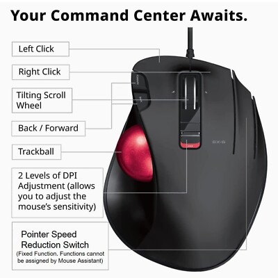 ELECOM EX-G Trackball Mouse, WiredThumb Control, Ergonomic Design, 5-Button...