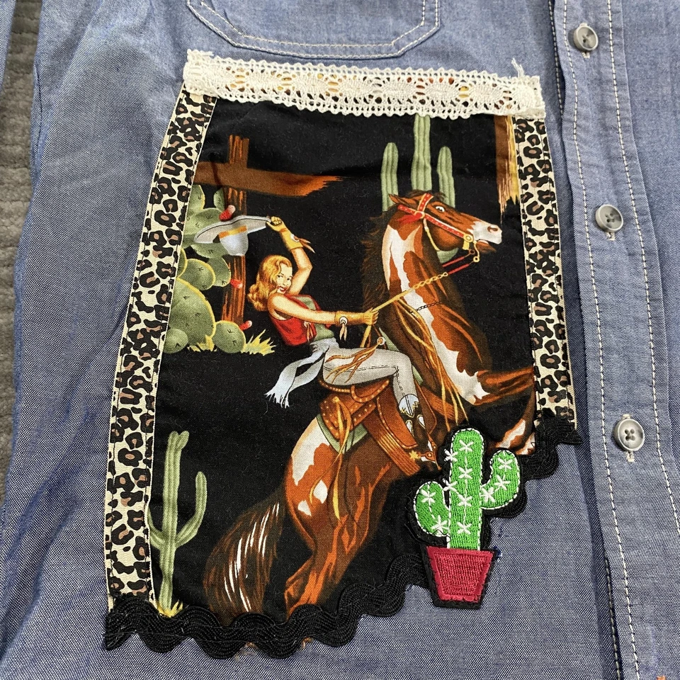Weatherproof Vintage Shirt Mens Large Blue Chambray Western Cowgirl Patchwork - Image 3 of 4