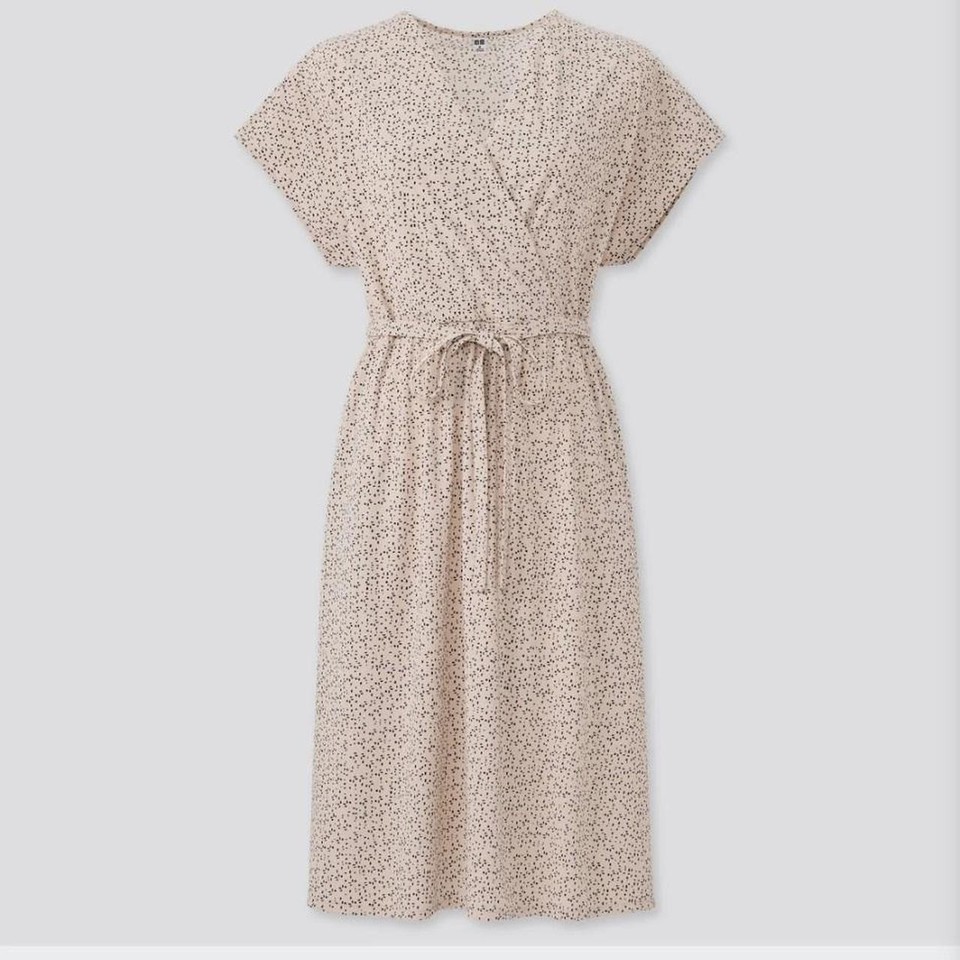 UNIQLO cream & black polka dot faux wrap midi dress with tie waist. Size S