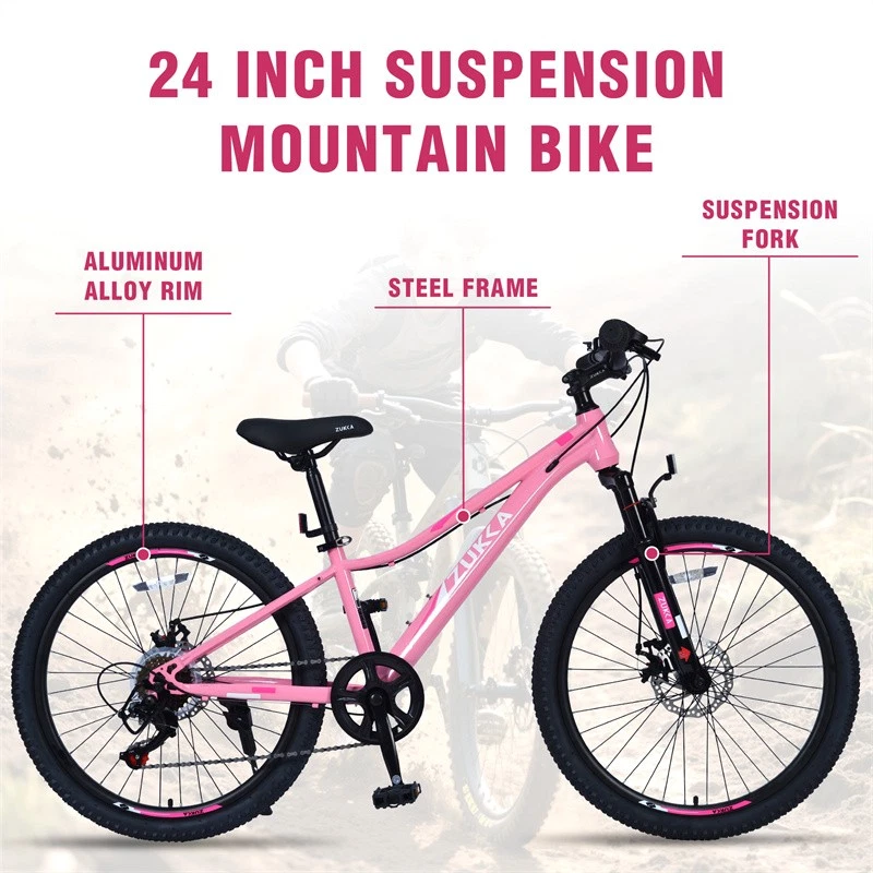 24inch Suspensin Mountain Bike for Girls Boys Mountain Shimano 6-Speed Bike Pink - Image 3 of 4