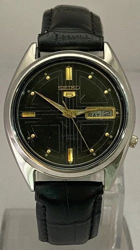 Vintage Casual Seiko5 Black Dial 7009 "Day-Date" Watch Leather Strap Automatic