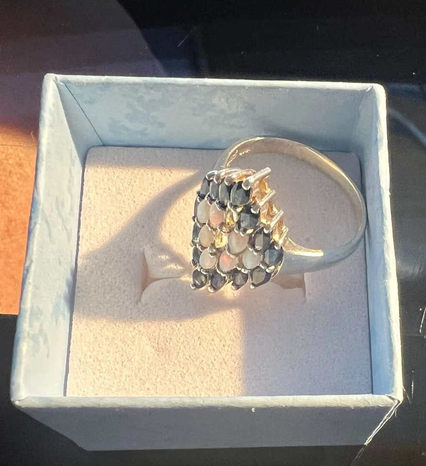 Anillo de plata de ley 925 Tailandia con racimo de ópalo y zafiro joya de cóctel vintage Foto 4 de 4